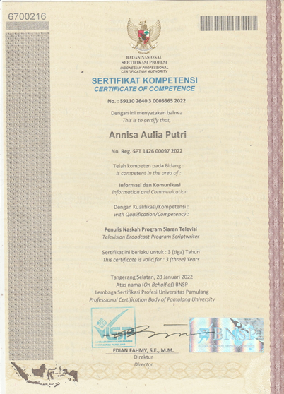 Sertifikat Profesi Penulis Naskah Program Siaran Televisi BNSP