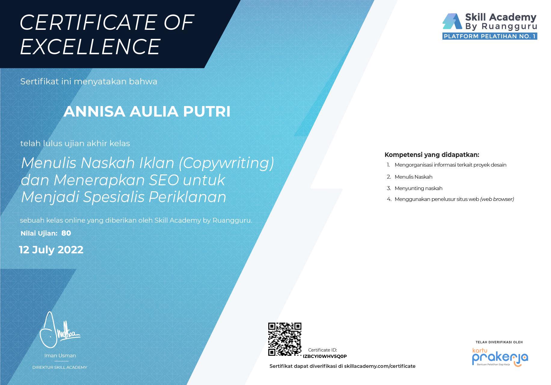 Sertifikat Pelatihan Copywriting dan SEO Skill Academy